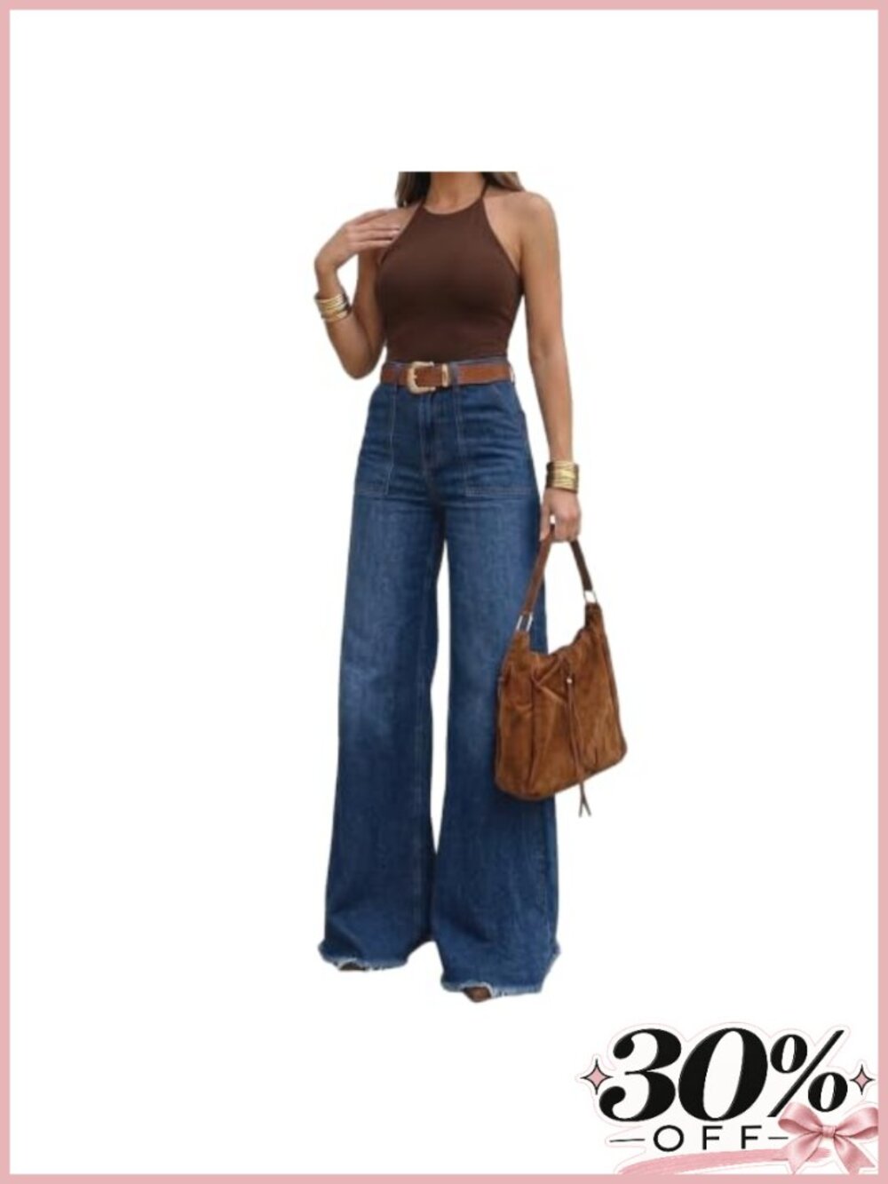 Women's 70s Retro High Waisted Wide Leg Jeans Long Inseam Frayed Hem Denim